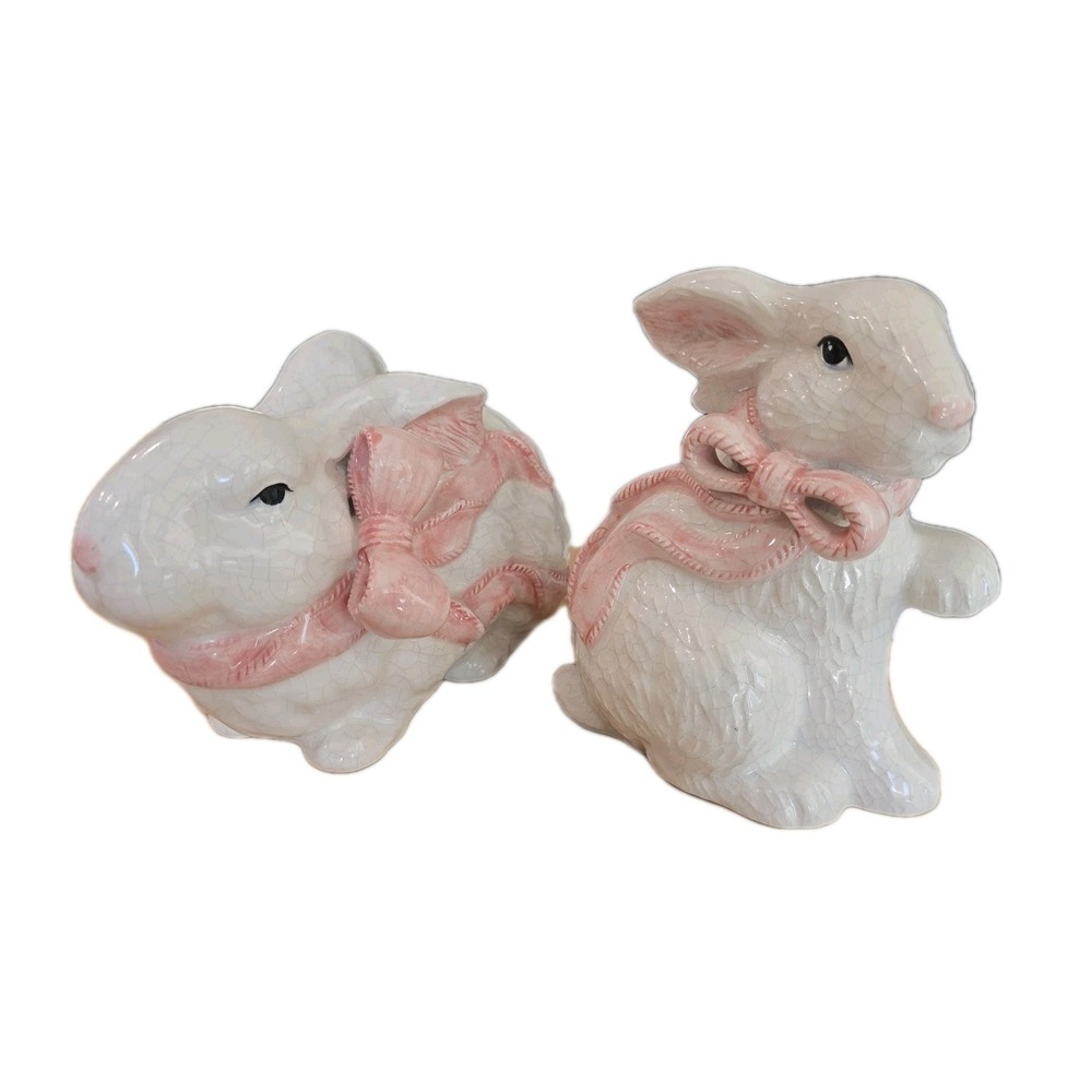 VTG Lot 2 white crackle glaze ceramic bunny pink bow Kitsch Easter Spring Size L